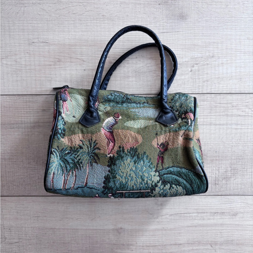 Vintage Miss Bonnie Woven Tapestry Golf Scene Satchel Bag & Coin Purse